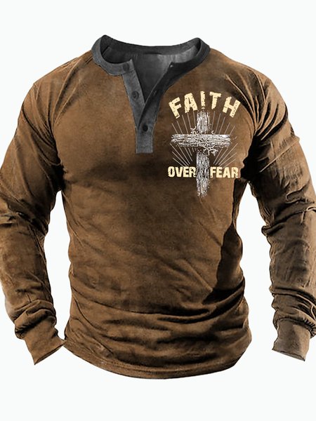 

Men's Faith Over Fear The Religious Cross Funny Graphic Print Casual Half Turtleneck Regular Fit Text Letters Top, Khaki, Long Sleeves
