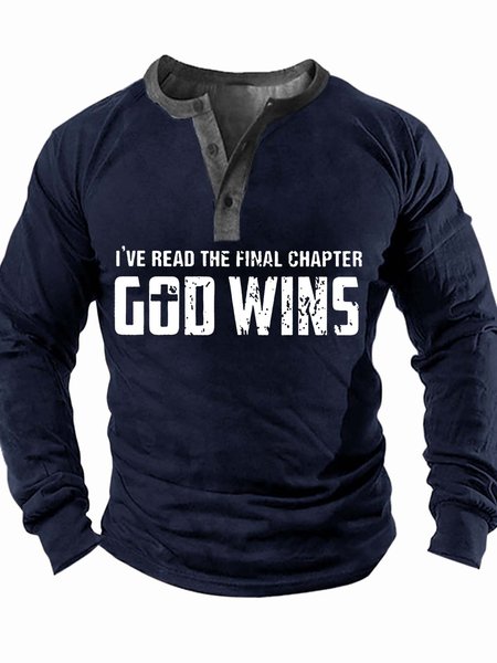 

Men’s I’ve Read The Final Chapter God Wins Text Letters Half Open Collar Regular Fit Casual Top, Deep blue, Long Sleeves