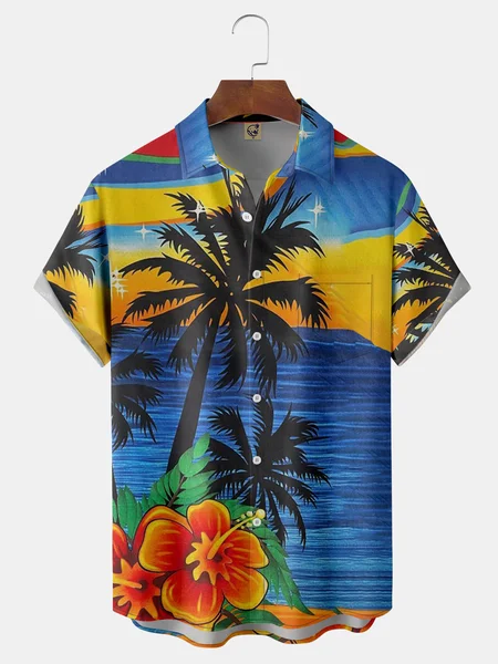 

Coconut Tree Chest Pocket Short Sleeve Hawaiian Shirt, Blue, Men Shirts