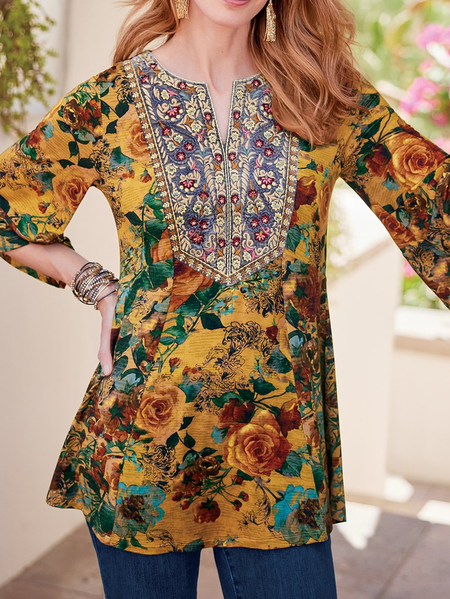 

Floral Casual V Neck Top, Multicolor, Tops