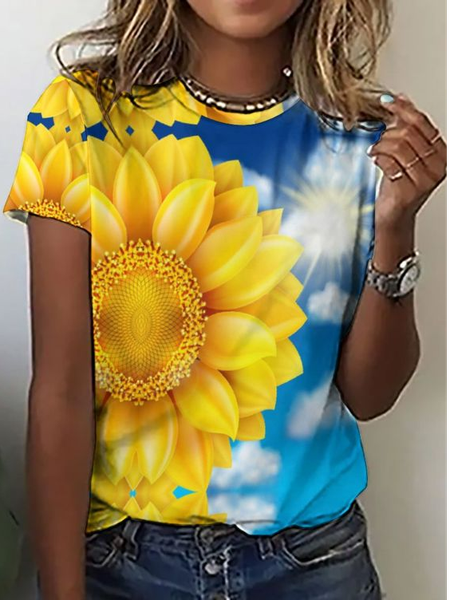 

Casual Crew Neck Regular Fit Floral T-Shirt, Blue, T-Shirts