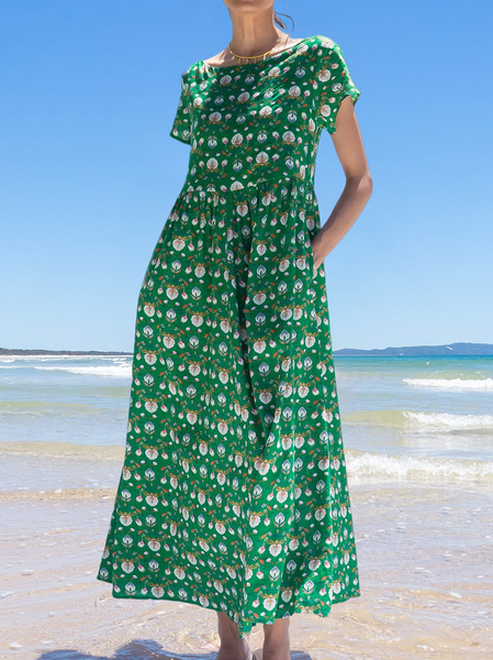 

Boho Floral Crew Neck Regular Fit Dress, Green, Dresses