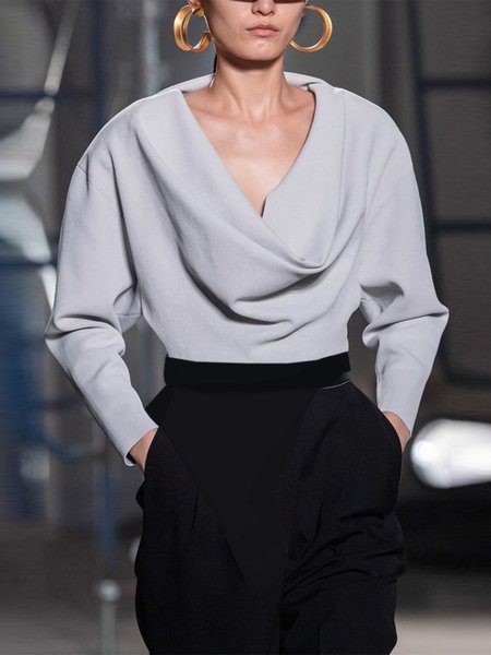 

Simple Regular Fit V Neck Long sleeve No Elasticity Blouse, Gray, Blouses and Shirts