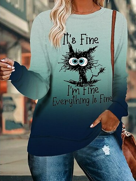 

Casual Cat Crew Neck Loose T-Shirt, Green, T-Shirts