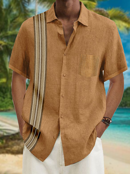 

Striped Short Sleeve Bowling Shirt, Khaki, Men Shirts