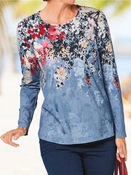 

Crew Neck Casual Cotton-Blend Loose T-Shirt, Blue, Tops