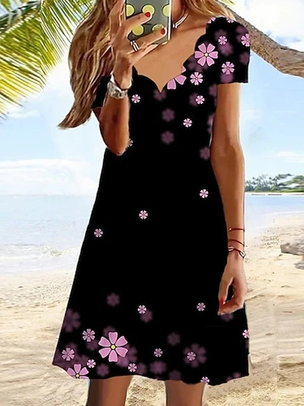 

V Neck Casual Loose Floral Dress, Black, Dresses