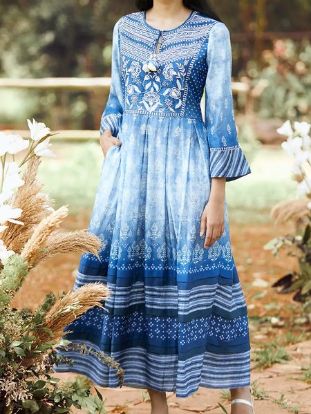 

Ethnic Ethnic Regular Fit Crew Neck Dress, Blue, Maxi Dresses