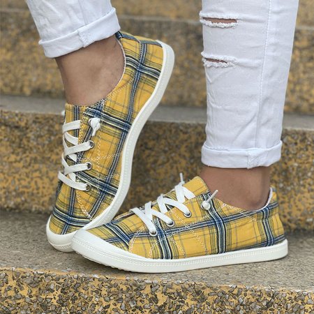 

Plaid Graphic-Print Denim Lace-Up Canvas Flats, Yellow, Sneakers