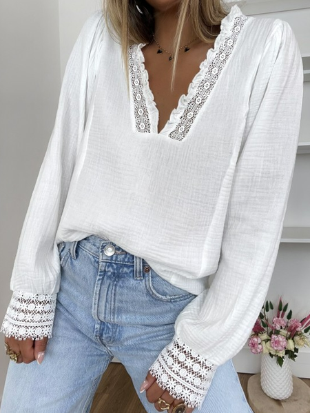 

V Neck Plain Regular Fit Casual Top, White, Blouses & Shirts