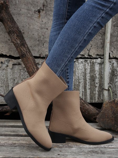 

Simple Casual Plain Fly Knit Sock Boots, Khaki, Boots