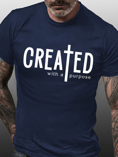 

Men's Created With A Purpose The Religious Cross Funny Graphic Print Cotton Casual T-Shirt, Purplish blue, T-shirts