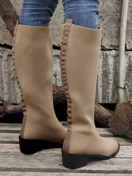 

Solid Color Simple And Comfortable Flying Woven Elastic High Socks Boots, Khaki, Boots