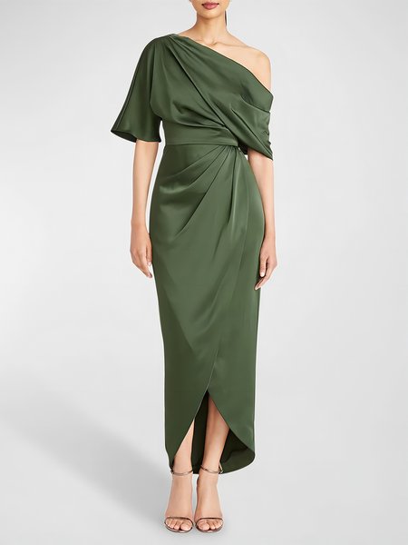 Regular Fit Elegant Asymmetrical Micro-Elasticity Plain Dress, Green, Midi Dresses