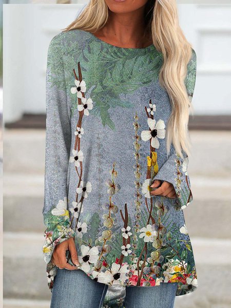 

Floral Casual Knitted Crew Neck T-Shirt, Multicolor, T-Shirts