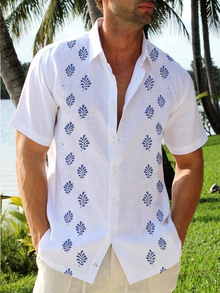 

Leaf Short Sleeve Resort Shirt, White, Men Shirts