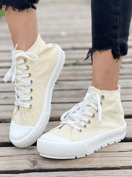 

Casual Plain Color Lace-Up High Top Canvas Shoes, Beige, Sneakers