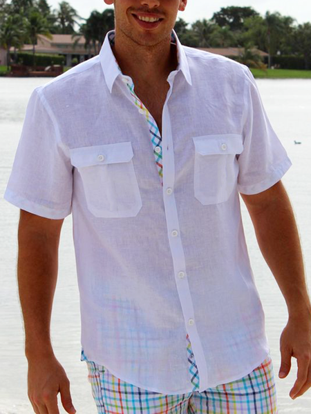 

Plaid Splicing Double Flap Pocket Short Sleeve Shirt, White, Men Shirts