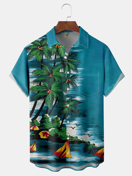 

Coconut Tree Chest Pocket Short Sleeve Hawaiian Shirt, Blue, Men Shirts