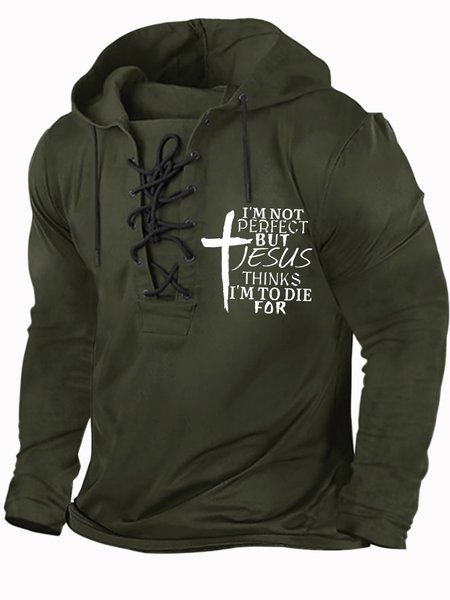 

Men's I Am Not Perfect But Jesus Thinks I Am To Die For The Religious Cross Graphic Print Hoodie Casual Regular Fit Sweatshirt, Dark green, Hoodies&Sweatshirts