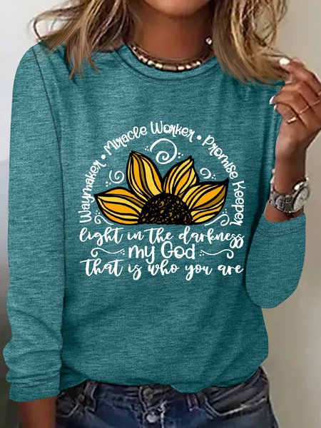 

Women's Waymaker Sunflower Cotton-Blend Simple Text Letters Long Sleeve Top, Green, Long sleeves