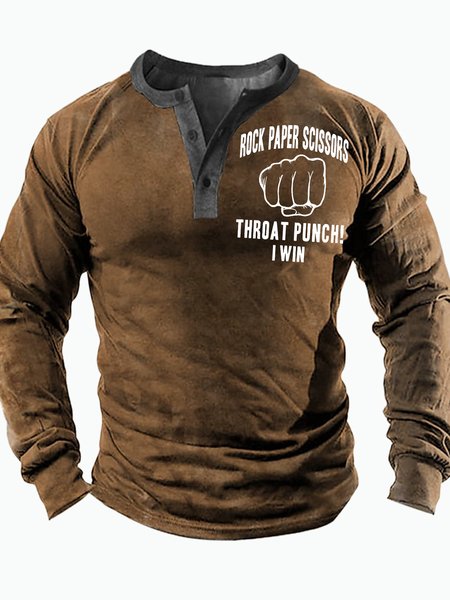

Men's Rock Paper Scissors Throat Punch I Win Funny Graphic Print Casual Half Turtleneck Regular Fit Top, Khaki, Long Sleeves