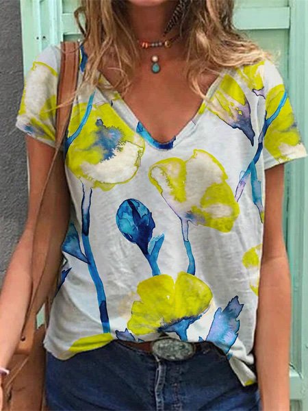 

Loose Floral V Neck Casual T-Shirt, Yellow, Tees & T-shirts
