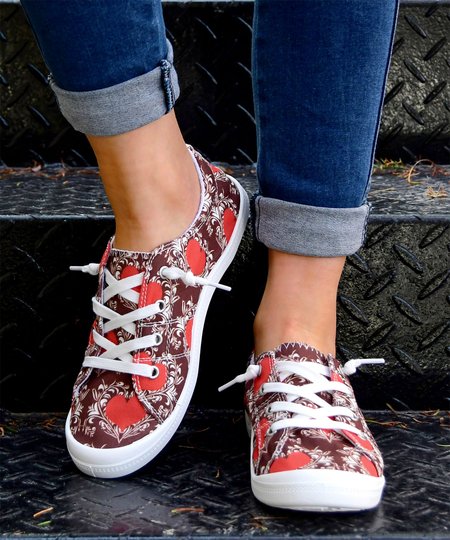 

Valentine's Day Graphic-Print Denim Lace-Up Canvas Flats, Red brown, Sneakers