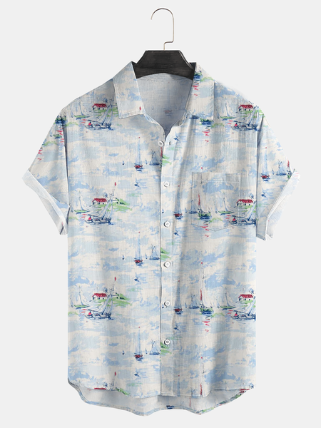 

Hawaiian Seaside Holiday Chest Pocket Short Sleeve Shirt, Gray, Men Shirts