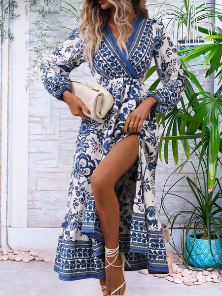 

Floral V Neck Boho Regular Fit Dress, Blue, Dresses