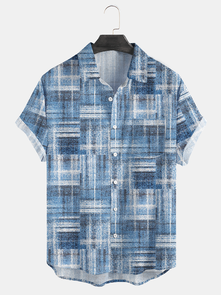 

Geometric Check Chest Pocket Short Sleeve Casual Shirt, Blue, Men Shirts