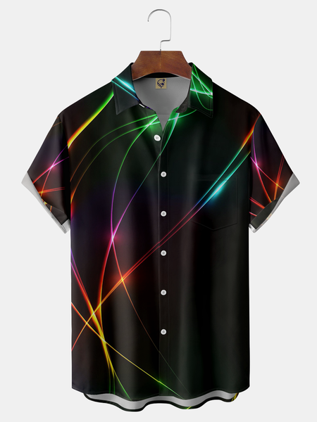

Geometry Chest Pocket Short Sleeve Casual Shirt, Black, Men Shirts