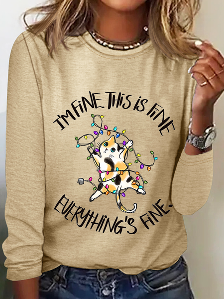

Women's Funny Cat Light It's Fine I'm Fine Everything is Fine Cotton-Blend Long Sleeve Top, Khaki, Long sleeves