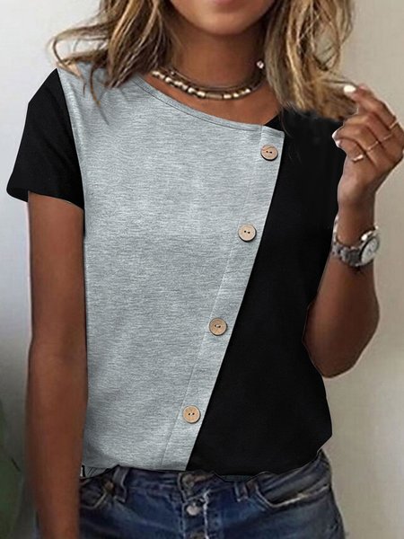

Color Block Loose Asymmetrical Casual T-Shirt, Black-grey, T-Shirts