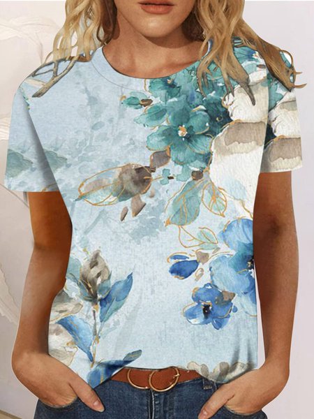 

Loose Floral Crew Neck Casual T-Shirt, Blue, Tops