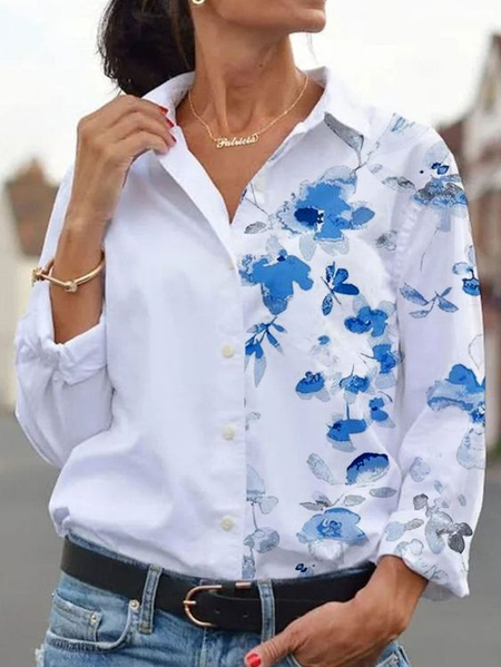 

Casual Floral Shirt Collar Blouse, White, Blouses & Shirts
