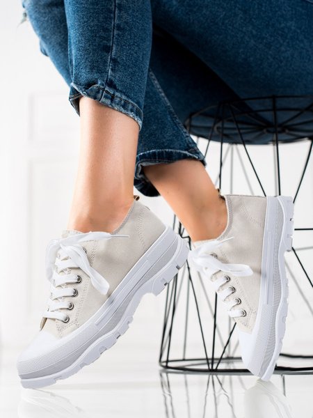 

Women's Plain Color lace-up Platform Canvas Shoes, Beige, Sneakers