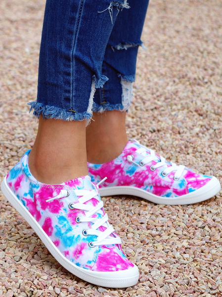 

Tie-Dye Pattern Graphic-Print Denim Lace-Up Canvas Flats, Pink, Sneakers