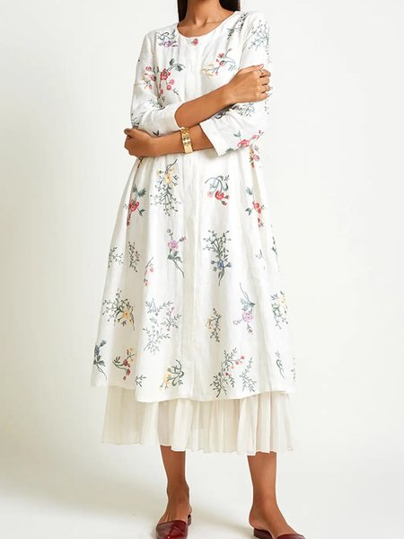 

Regular Fit Casual Floral Crew Neck Dress, White, Dresses