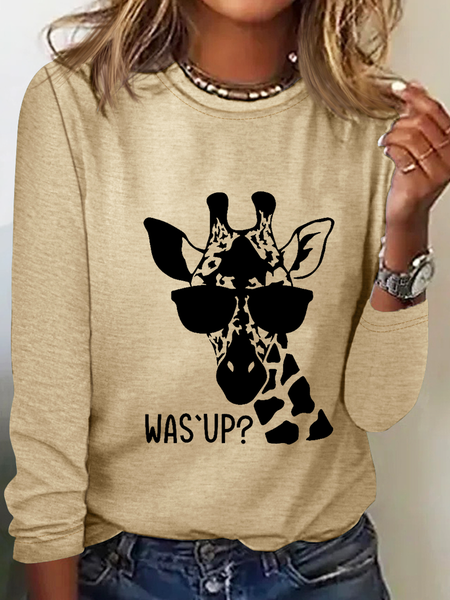 

Women's Funny Graphic Was Up Giraffe Simple Crew Neck Long sleeve Top, Khaki, Long sleeves
