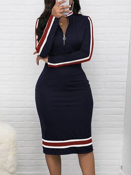 

Striped Urban Stand Collar Long Sleeve Tight Midi Dress, Deep blue, Midi Dresses