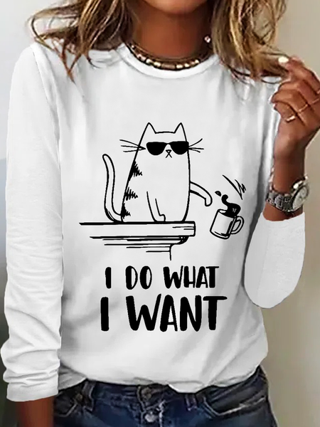 

Women's Funny Cat Simple Crew Neck Long Sleeve Top, White, Long sleeves