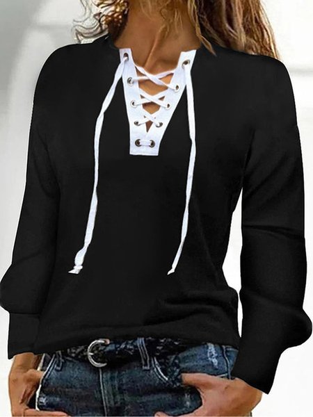 

V Neck Casual Regular Fit Color Block Top, Black, Tops