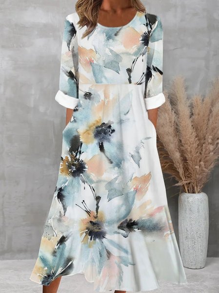

Floral Casual Loose Crew Neck Dress, Multicolor, Dresses