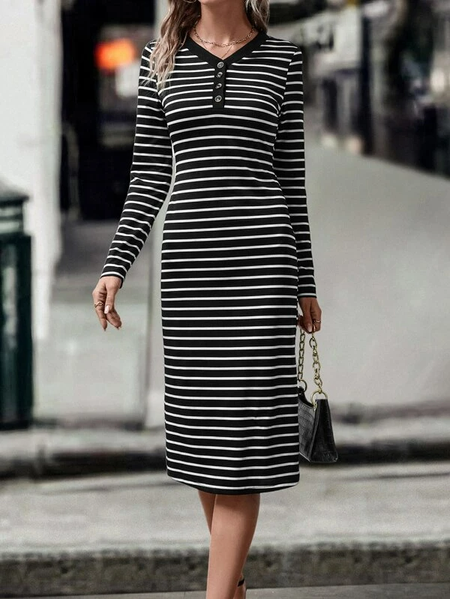 

Striped Urban V Neck Dress, Black, Midi Dresses