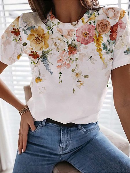 

Floral Crew Neck Casual T-Shirt, White, Tees & T-shirts