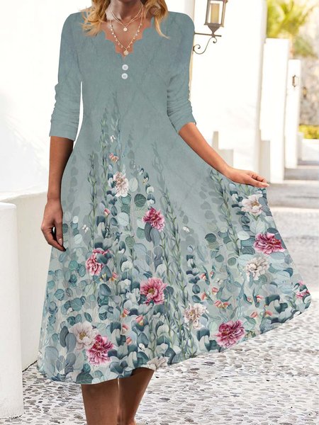 

Loose Floral V Neck Casual Dress, Multicolor, Dresses