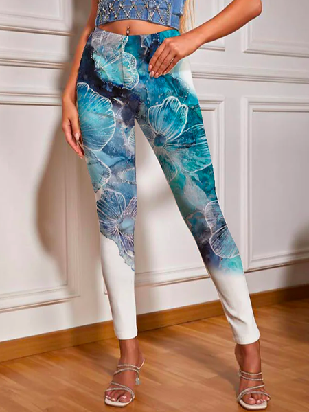 

Floral Color Block Boho Tight Leggings, Blue, Leggings