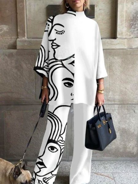 

Urban Abstract Print Fashion Wide leg Pants, White, Pants