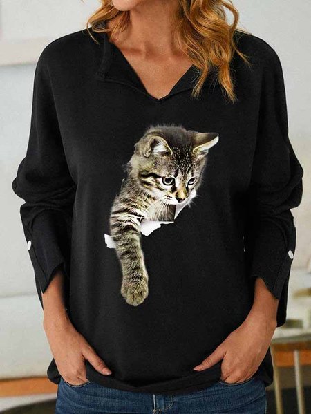 

Women Funny 3D Print Cat V Neck Loose Sweatshirt, Black, Hoodies&Sweatshirts